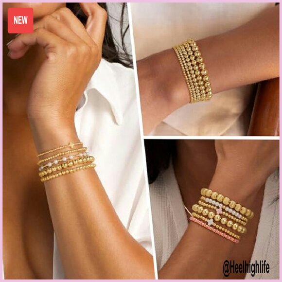 14K Gold Plated Beaded Bracelet Set Stretch Stackable Dainty - Picture 5 of 8